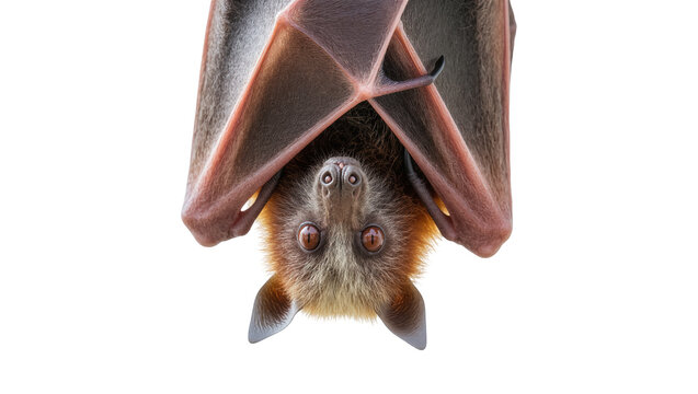 Isolated flying fox bat hanging upside down, showcasing its detailed fur and large eyes