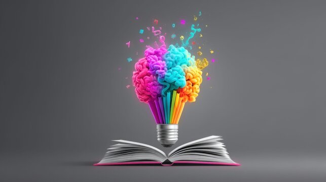 Colorful brain lightbulb exploding with ideas above an open book on a gray background