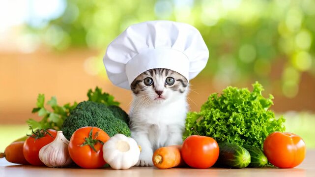 Cute little kitten wearing a white chef hat sitting with fresh organic vegetables on a table