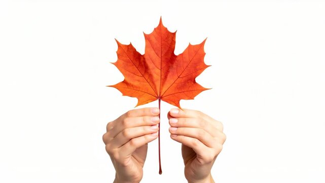 Person holding a single vibrant red autumn maple leaf with both hands over white background