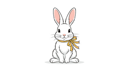 Obraz premium Beautiful white rabbit with long ears sits calmly while wearing a golden ribbon bow around its neck on a plain white background for kids.
