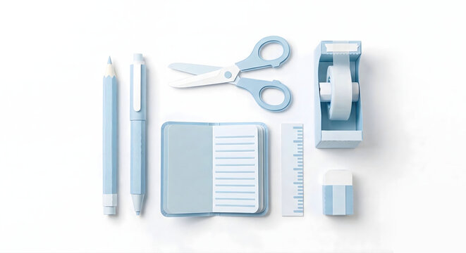  ペンやハサミなど水色のペーパークラフトでできた文房具セットの俯瞰イラスト