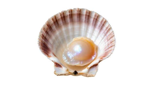 Isolated beautiful scallop shell displaying an iridescent pearl inside, a precious ocean treasure