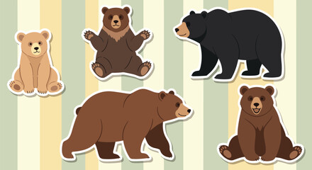 Fototapeta premium Collection of five different bear species stickers including grizzly, black, and polar bears in various poses on a striped background.