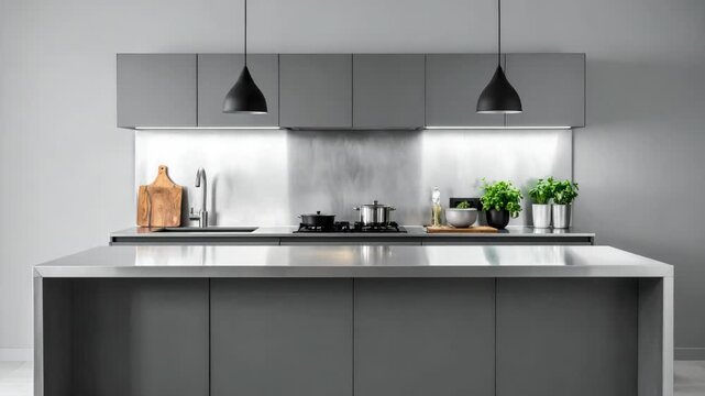 Sleek contemporary kitchen interior with gray cabinets stainless steel backsplash and elegant black hanging lamps