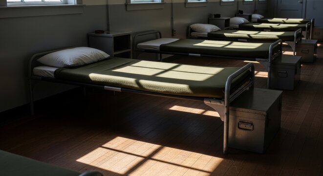 Neatly Made Soldier's Cot in Stark Barracks Room