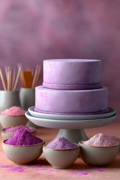 Two tier purple cake on stand, surrounded by bowls of pink and purple powder, artistic background, creative dessert display