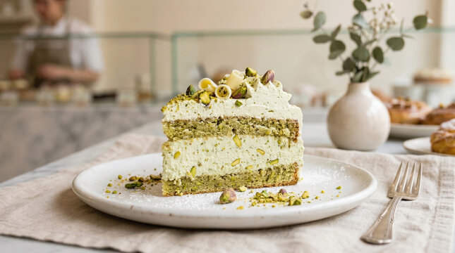 Pistachio cake slice on a plate with fork in a cozy caf&eacute; setting  