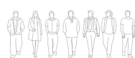 Fototapeta premium People walking characters casual and business outfits minimal line art modern lifestyle outline illustration set