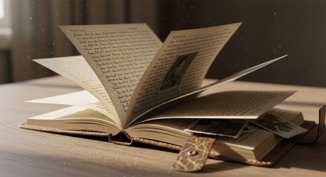 Open Vintage Diary With Fluttering Pages and Photographs