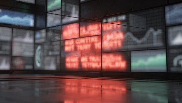 Focused view on a control center multiscreen wall showing realtime system alerts with vivid red warnings while other details remain softly out of focus.