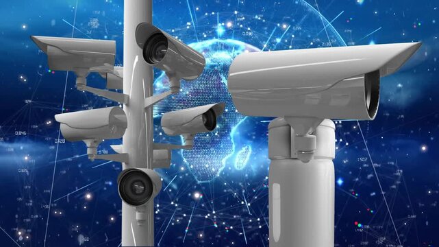 Animation of moving surveillance cameras with turning blue globe and glowing beams of light on black