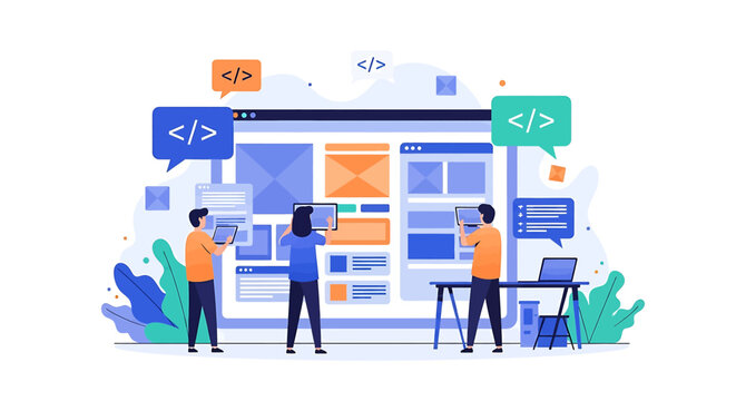 Collaborative_web_development_team_working_at_modern_workspace_with_coding_screens_technology_tools_and_digital_concepts_flat_stylized_illustration