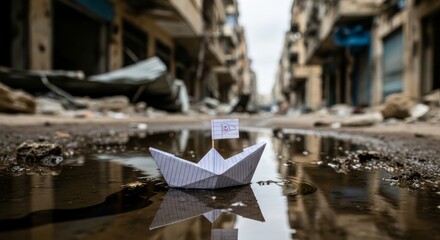 Paper boat adrift in war-torn street puddle