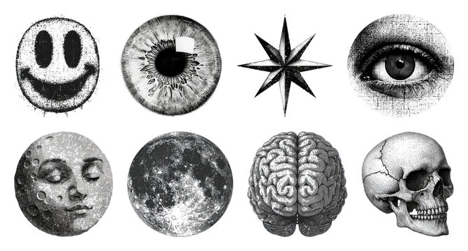 PNG Surreal monochrome vintage illustrations on transparent background