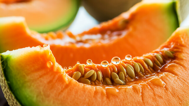A macro photograph of fresh cantaloupe melon slices with vibrant orange flesh and green rind