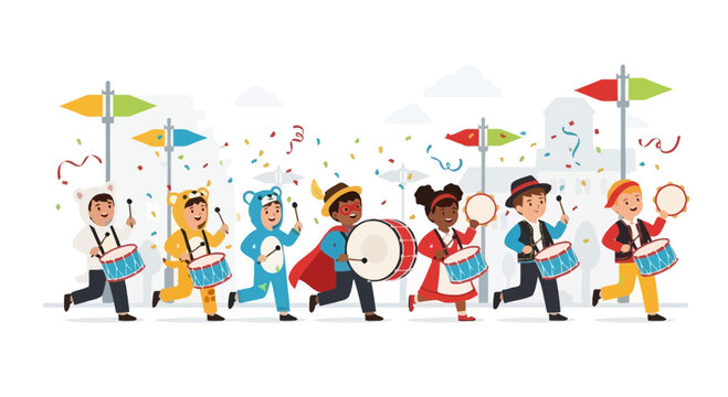 Children's parade with drums and costumes, celebrating a festive event with confetti