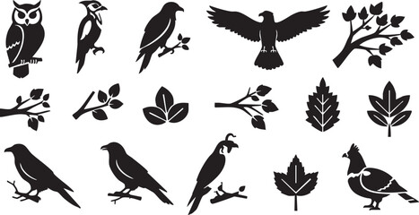 Fototapeta premium Black silhouettes of birds and various leaves on a white background