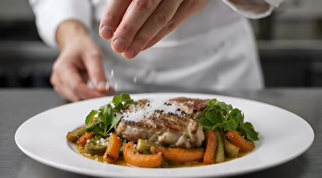 Chef sprinkling sea salt on cooked fish with vegetables on a plate