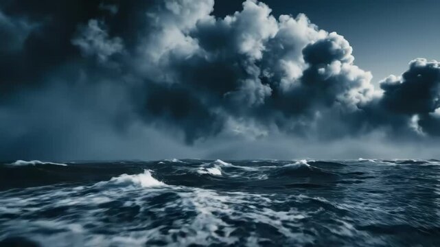 A turbulent ocean scene with dark blue water and large stormy clouds