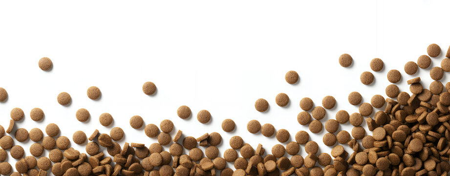 Brown dog food pellets scattered on white kibble pet food