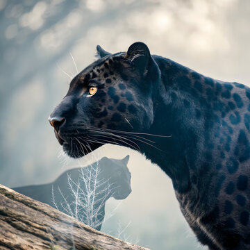 Black panther portrait with ghosted silhouette in misty forest background