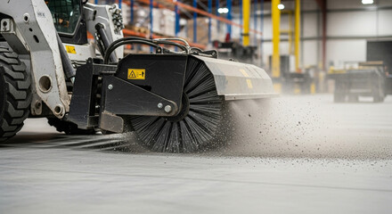 Fototapeta premium A skid-steer loader with a rotary broom attachment sweeping dust from a concrete floor in a large industrial warehouse.