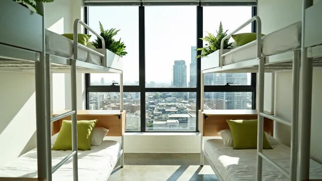 Modern dormitory room with city skyline view from window
