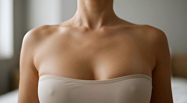 Close up of a woman's chest wearing a strapless garment in a neutral setting