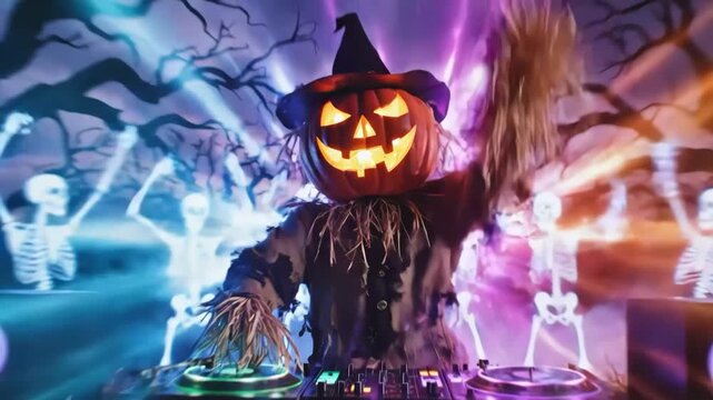 Scarecrow dj with skeletons and speakers in a spooky scene
