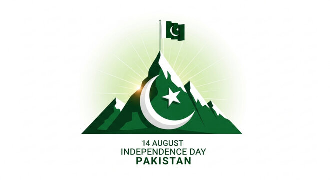 Pakistan independence day graphic with mountains and flag on august 14th
