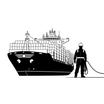 Worker standing next to large ship.