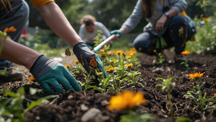 Fototapeta premium Man and woman gardening together planting flowers and taking care of the soil