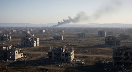 Obraz premium Smoke rises from bombed out town landscape