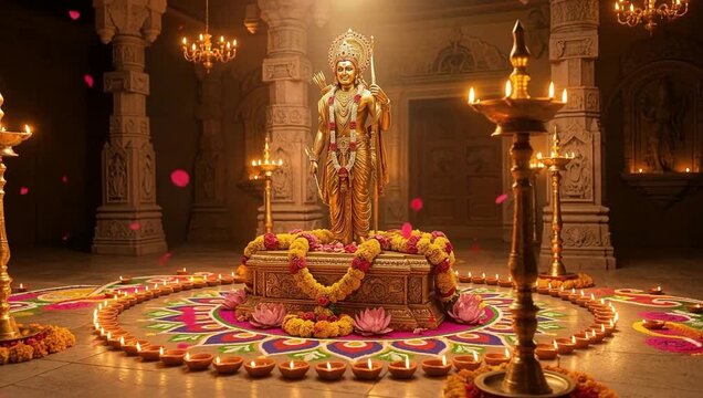Lord Ram Golden Murti in Temple Interior, Sacred Hindu God Idol in Spiritual Shrine with Traditional Indian Temple Architecture