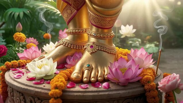Golden Lotus Feet of Lord Ram, Sacred Ram Charan Close Up in Hindu Temple Shrine, Spiritual Symbol of Devotion in Indian Religion