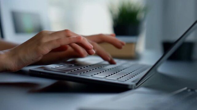 Tracking shot of hands typing on laptop keyboard at desk in home office, close up of fingers pressing keys with shallow depth of field during daytime work session