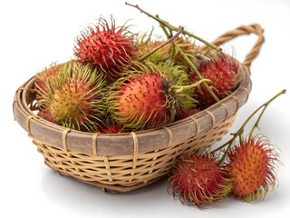 Fototapeta premium Red and orange rambutan fruit in woven basket isolated with real transparent background for branding