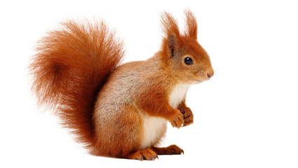 Isolated adorable red squirrel, a cute furry wild animal with a bushy tail, studio shot.