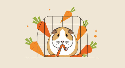 Fototapeta premium Cute guinea pig eating carrots inside a cage, surrounded by vegetables, funny pet illustration