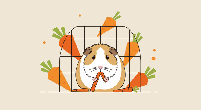 Cute guinea pig eating carrots inside a cage, surrounded by vegetables, funny pet illustration