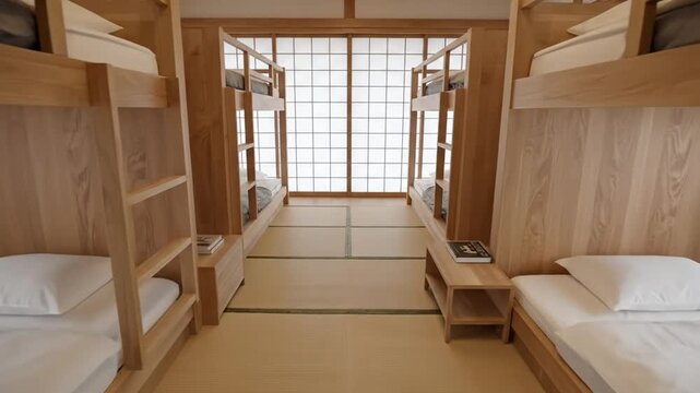 Modern Japanese-style hostel dormitory room with tatami mats