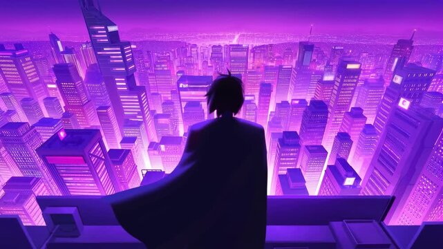 Panning shot of silhouetted figure overlooking neon purple city skyline from rooftop at night with cape billowing and panoramic futuristic metropolis view