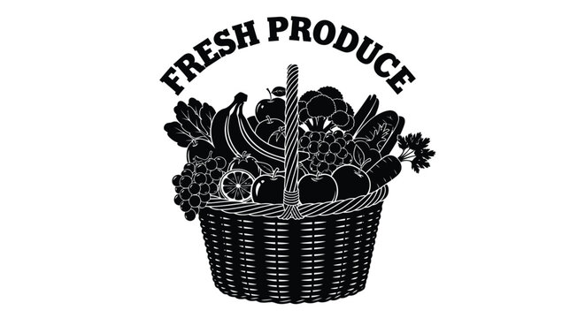 Black and white vintage style logo design featuring a wicker basket overflowing with various fresh fruits and vegetables underneath bold stylized text proclaiming fresh produce goodness for grocery ma