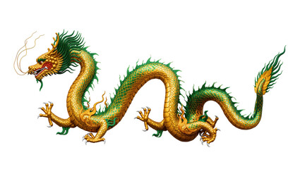 Isolated vibrant golden and green Chinese dragon with flowing mane and scales, majestic mythical creature © Cedric