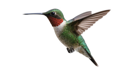 Fototapeta premium Isolated hummingbird in flight, ruby throat and green feathers, fast wings, detailed