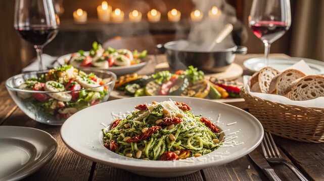A delicious italian dinner spread featuring zucchini pasta, grilled vegetables, salad, and bread with wine
