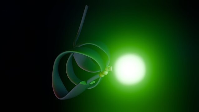 A 3D rendering of a peptide linker probe. A glowing green fluorophore is connected via a linker to an alpha-helix ribbon. Targeted drug delivery, biosensors for cellular imaging.