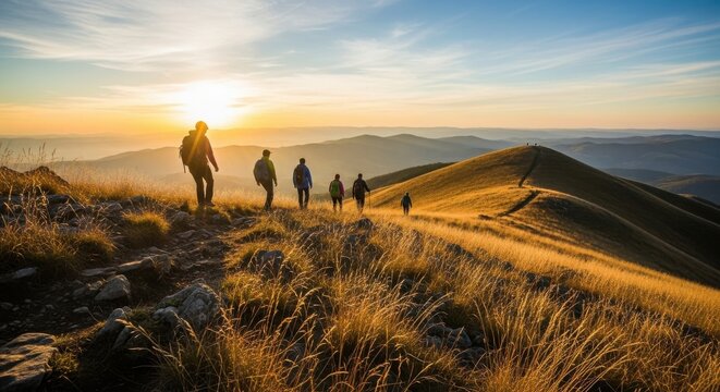 Hikers watching sunset on a mountain peak with a group