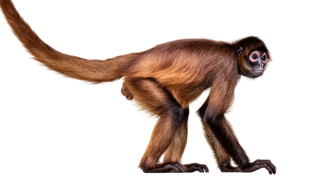 Isolated brown spider monkey standing alertly, full body portrait of a tropical primate